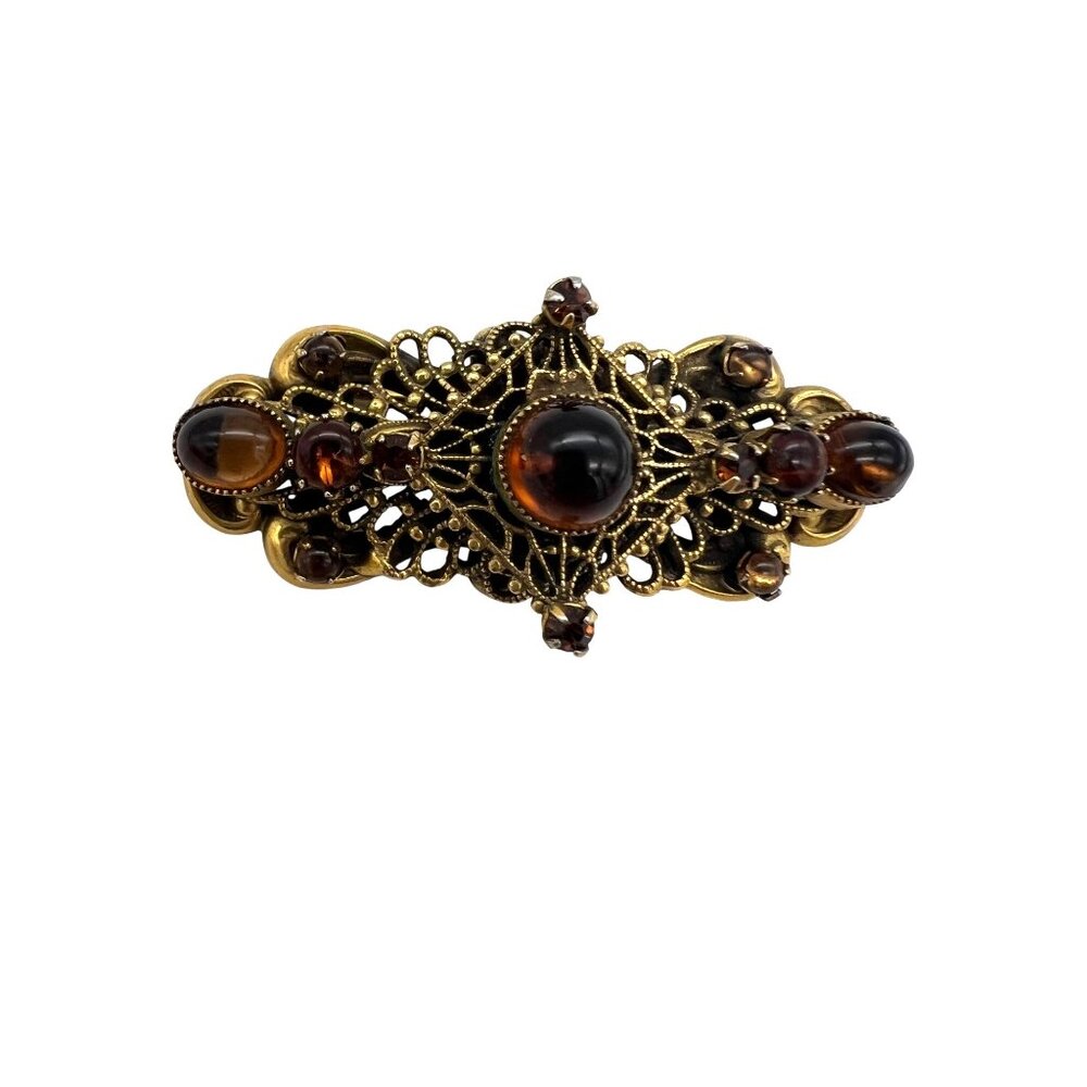 Vintage Original By Robert Amber Glass Cabochon Filigree Bar Brooch Rhinestones